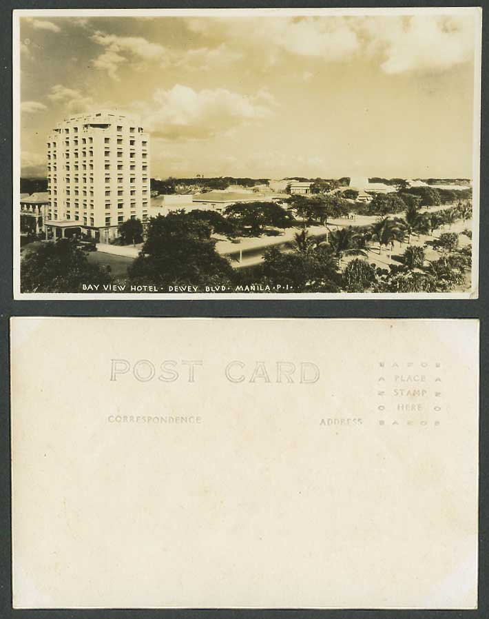 Philippines Old Real Photo Postcard Manila, Bay View Hotel, Dewey Boulevard Blvd