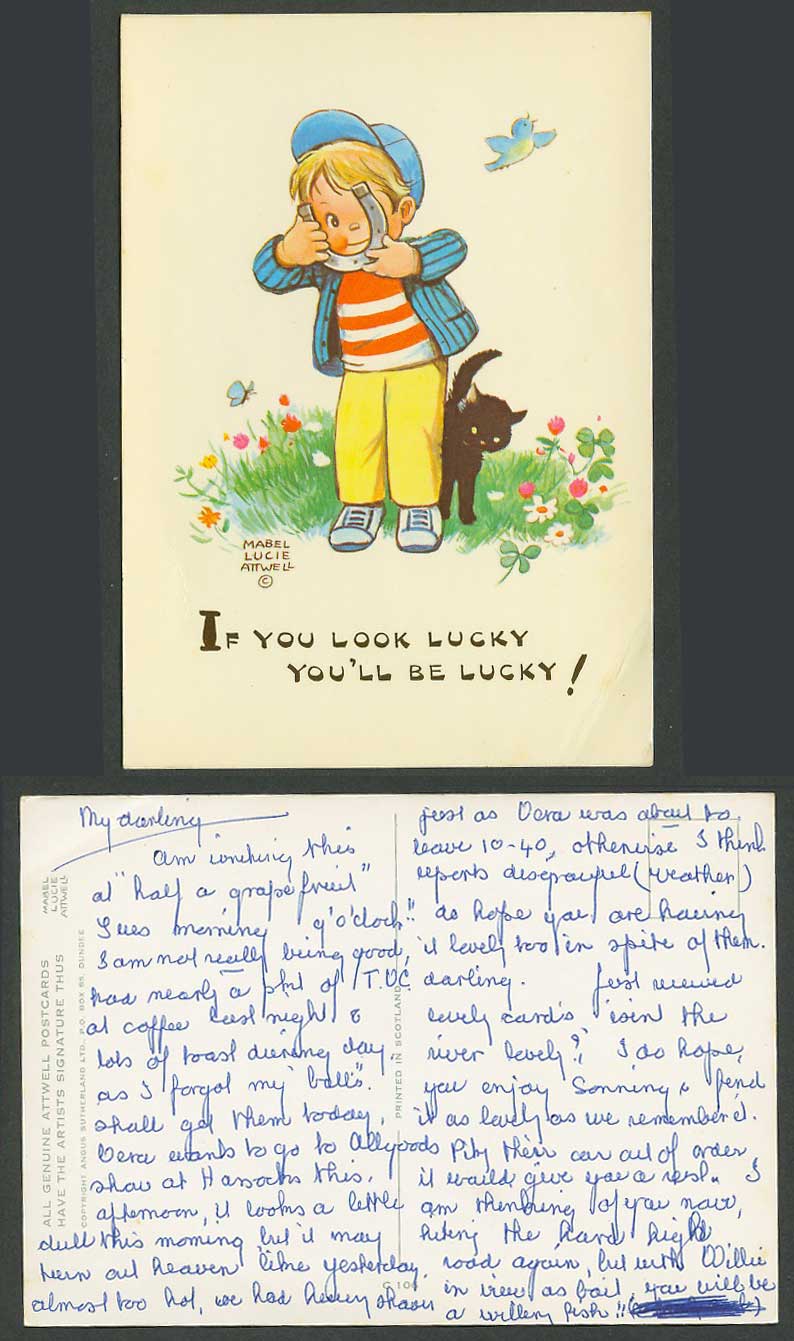 MABEL LUCIE ATTWELL Old Postcard Black Cat, If U look lucky You'll be lucky C106