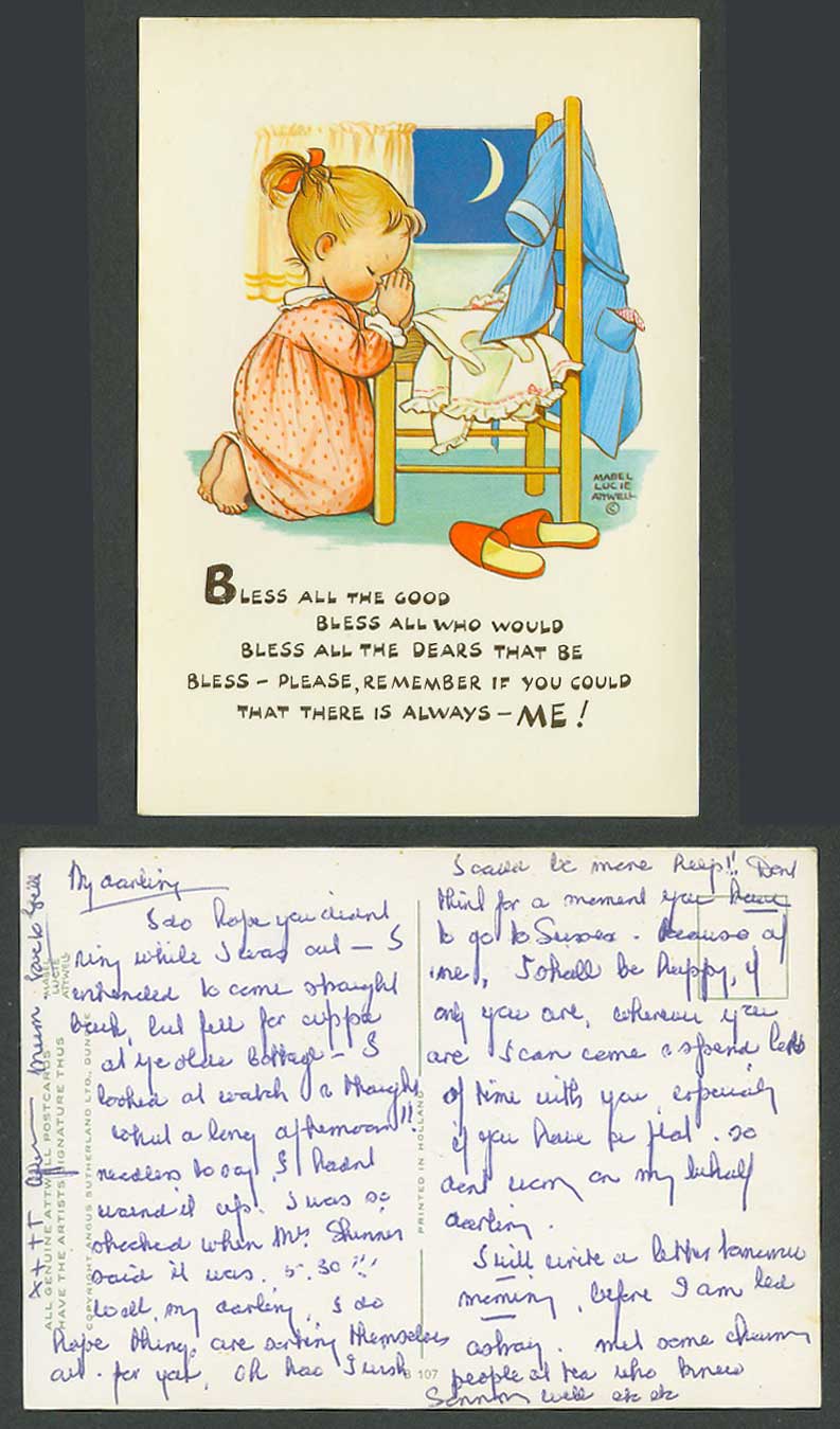 MABEL LUCIE ATTWELL c.1960 Old Postcard Bless All The Good Girl Prayer Moon B107