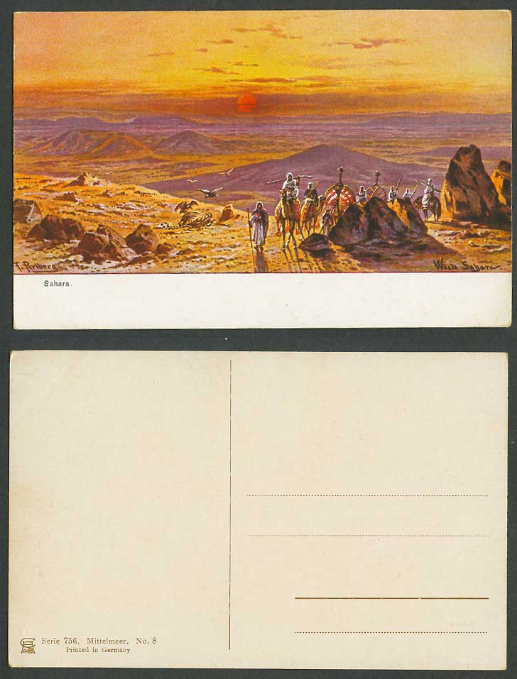 Egypt F. Perlberg Artist Signed Old Postcard Sahara Desert Camels Caravan Sunset