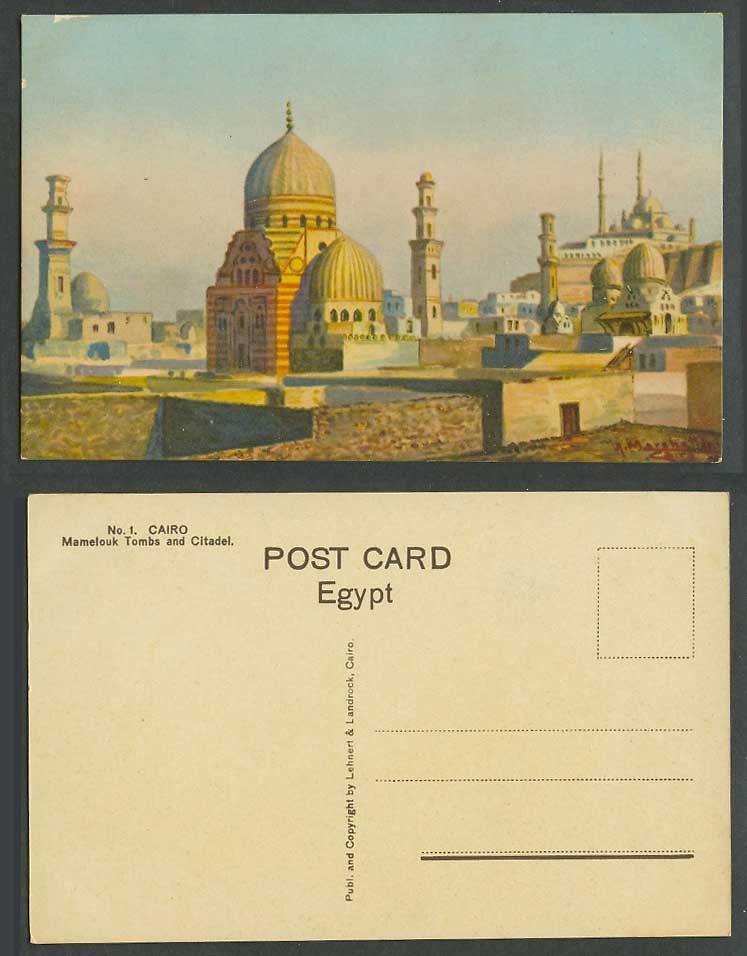 Egypt A. Marshall Artist Signed Old Postcard Cairo, Mamelouks Tombs and Citadel