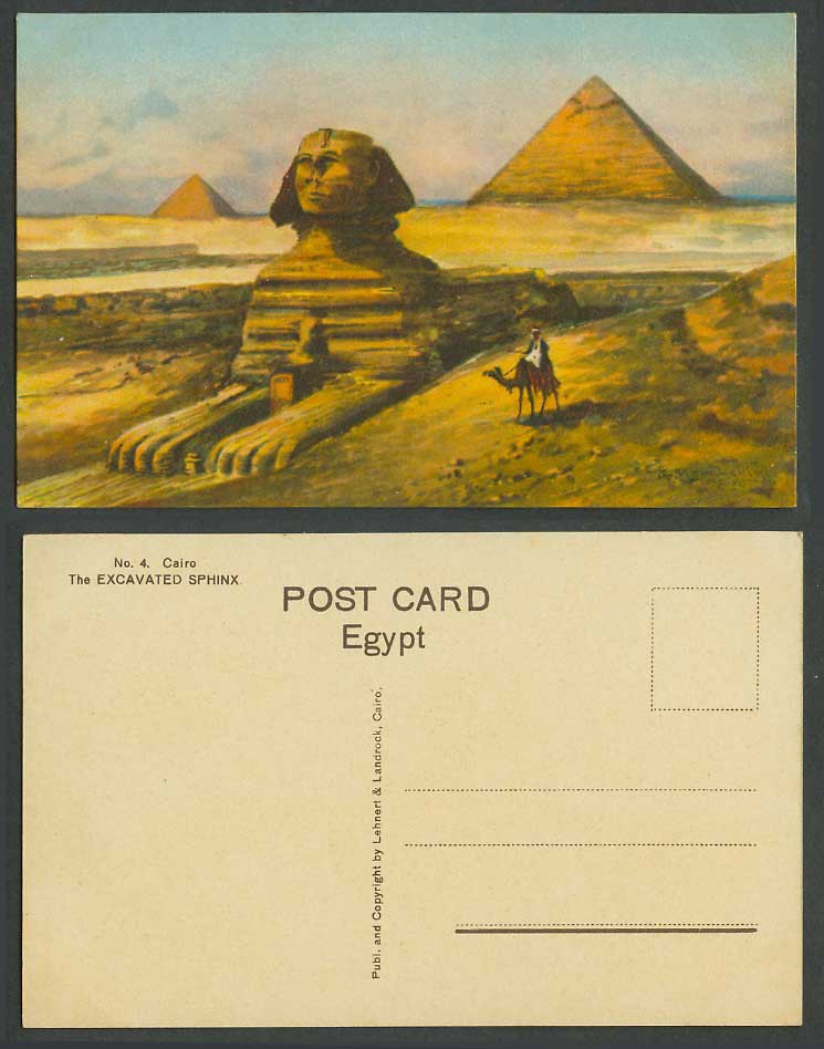 Egypt Artist Signed Old Postcard Cairo Excavated Sphinx Pyramids Camel Rider ART