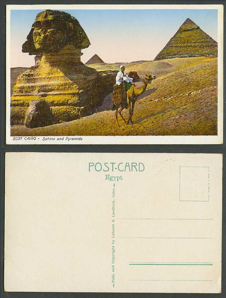 Egypt Old Postcard Cairo Sphinx and Pyramids, Camel Rider Sand Dunes Desert 2037