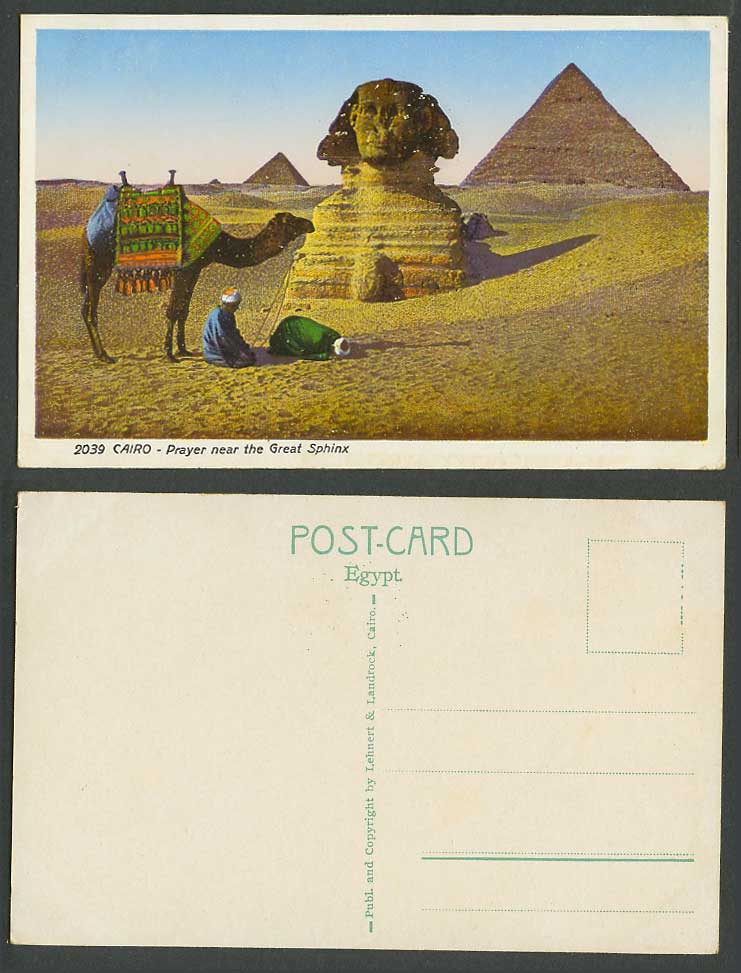 Egypt Old Postcard Cairo Native Prayer near GREAT SPHINX, Camel, Pyramids Desert
