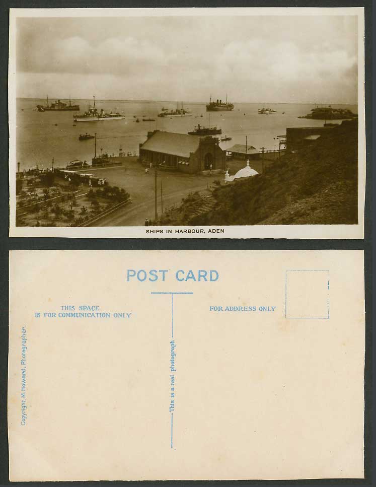 Aden Old Real Photo Postcard Ships in Harbour Steamer Warship Street Scene Yemen