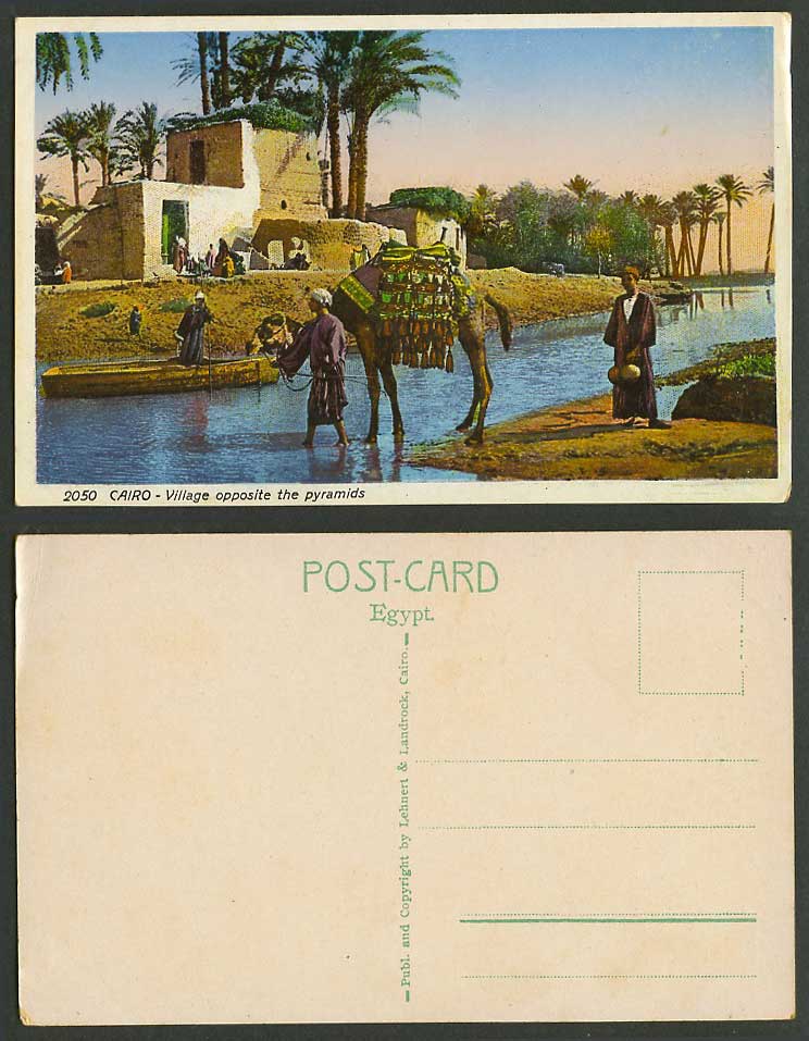 Egypt Old Colour Postcard Cairo Village opposite Pyramids, Palm Trees Camel Boat