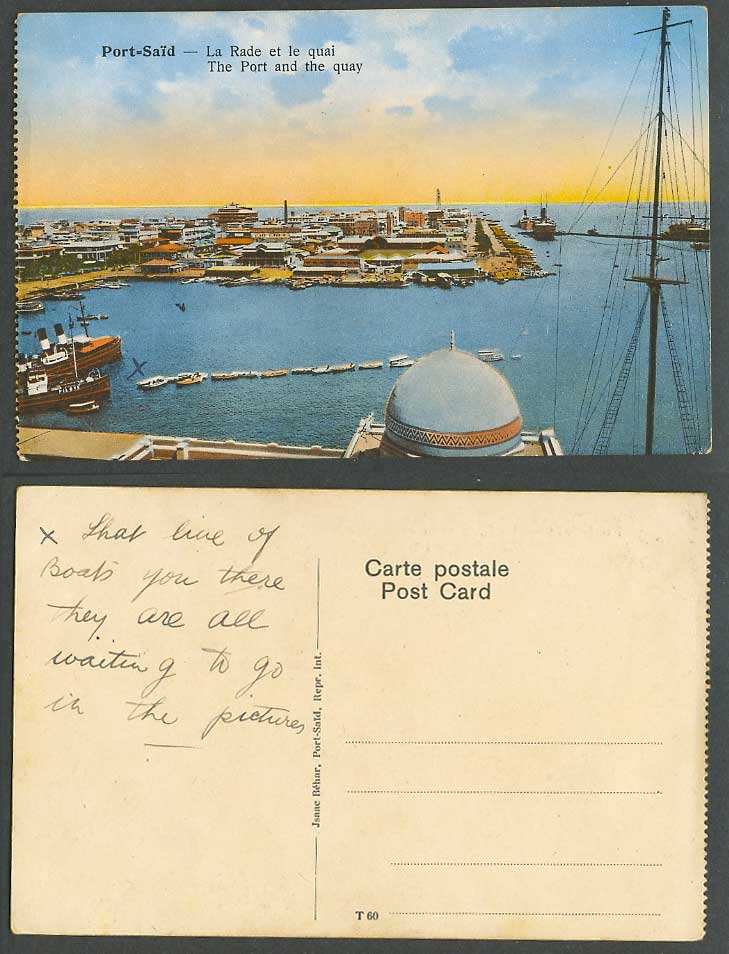Egypt Old Colour Postcard Port Said Port Harbour & Quay Rade Quai Boats Panorama