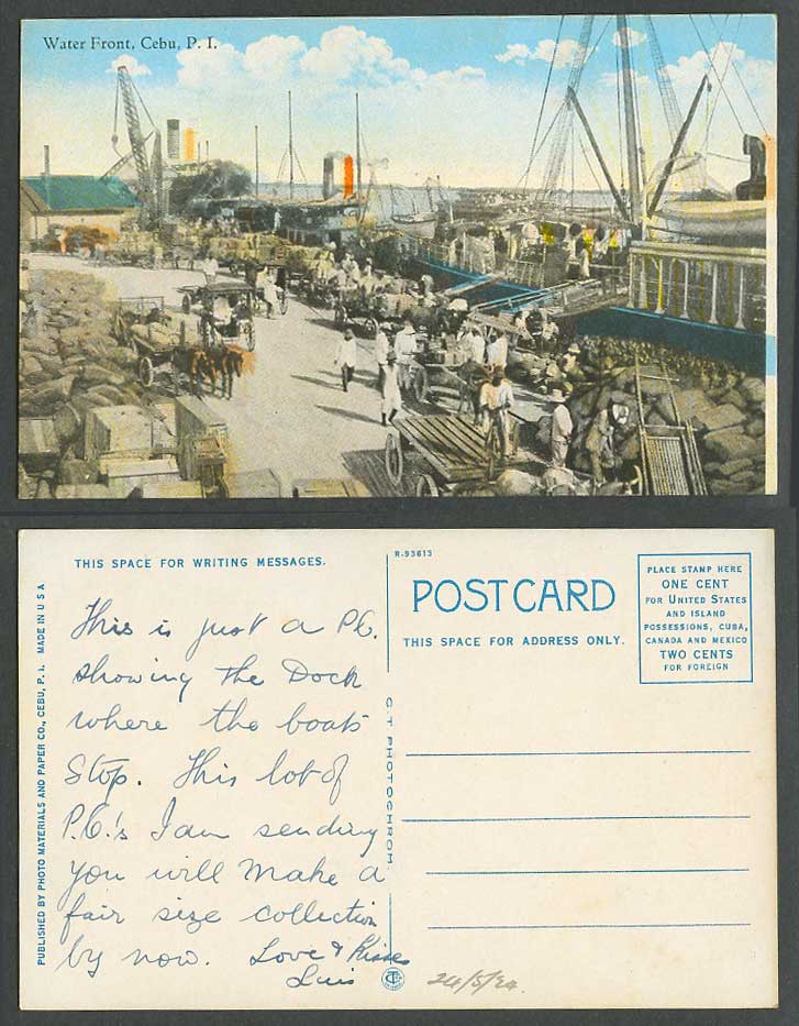 Philippines 1924 Old Postcard Cebu, Water Front, Steamers Steam Ships Quay Wharf
