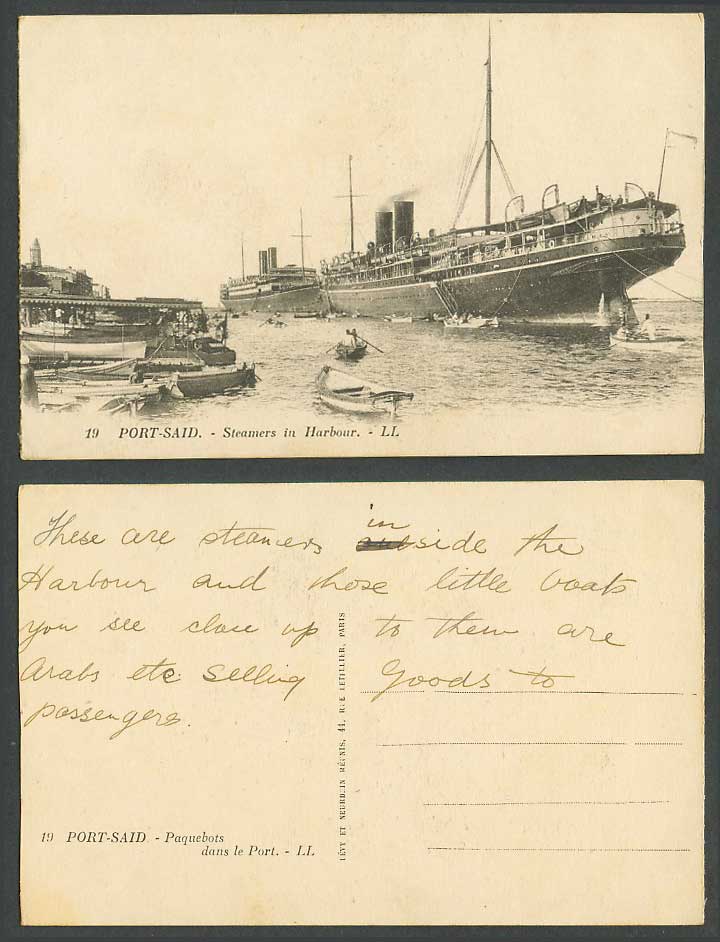 Egypt Old Postcard Port Said Harbour, Le Port Steamers Steam Ships Boats L.L. 19