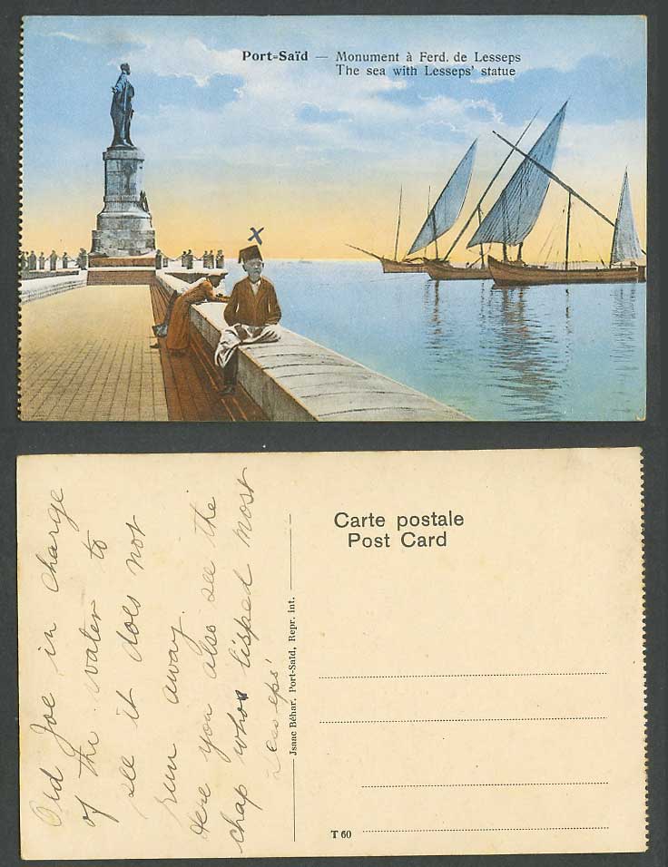 Egypt Old Postcard Port Said The Sea with Lessep's Statue Young Boy Sailing Boat