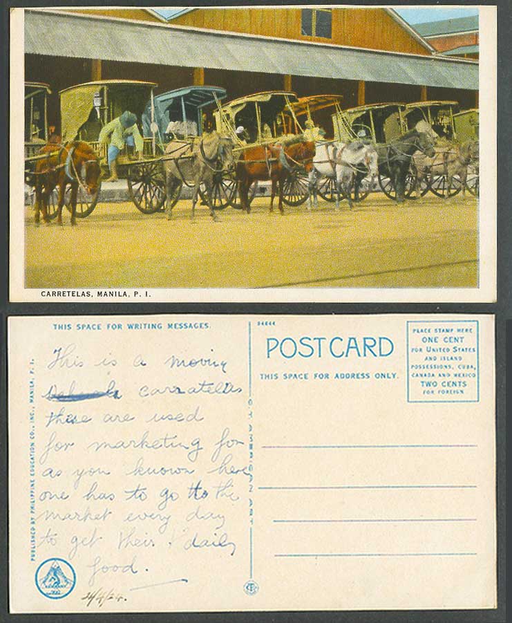 Philippines 1924 Old Colour Postcard Carretelas Manila, Horses Horse Drawn Carts