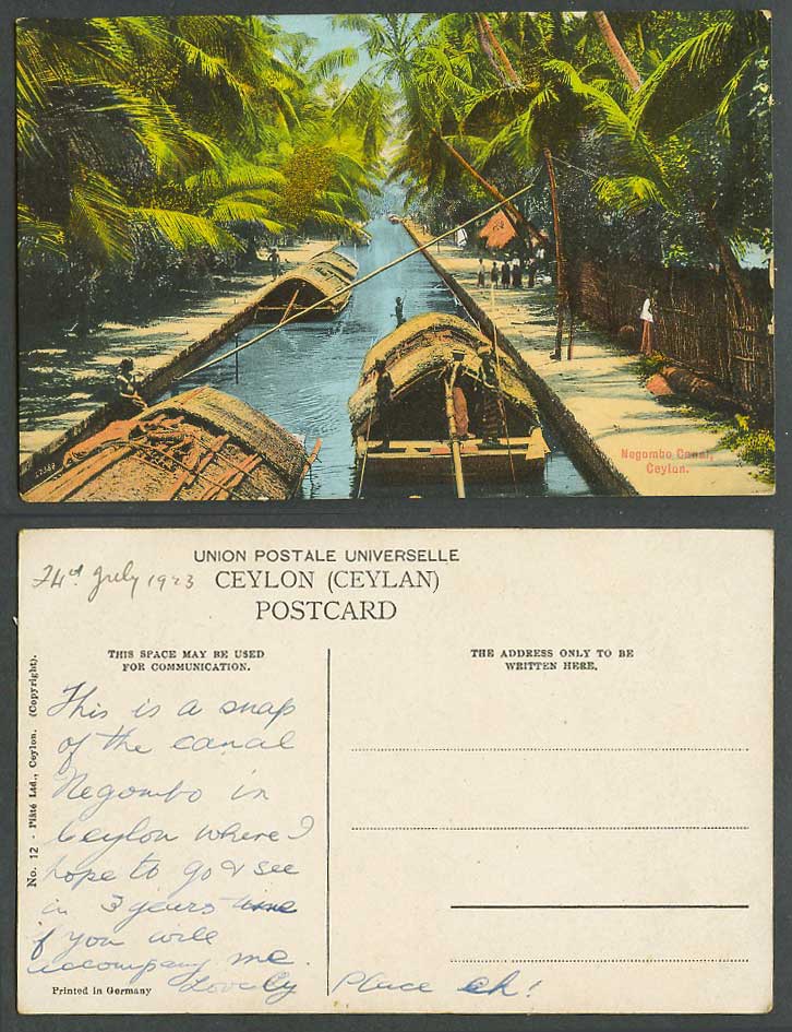 Ceylon 1923 Old Color Postcard Dutch Canal Negombo Native Padda Boats Palm Trees