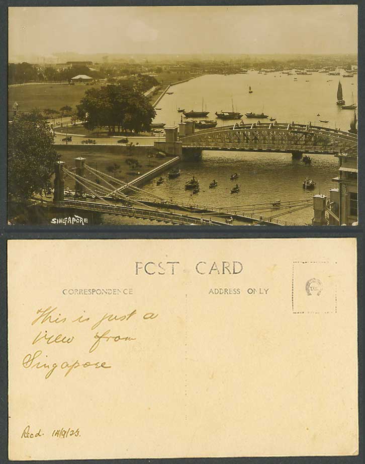 Singapore 1923 Old Real Photo Postcard Bridges Sampans Boats Street Panorama Car