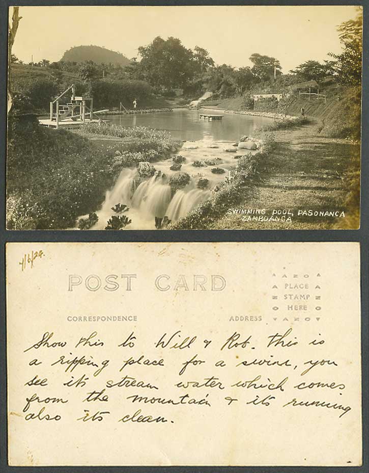 Philippines 1924 Old Photo Postcard Zamboanga Swimming Pool Pasonanca Waterfalls