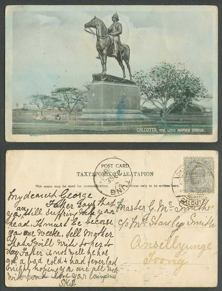 India 3p 1908 Old Postcard The Lord Napier Statue, Calcutta Horse Rider Monument