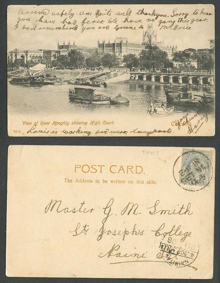 India TPO KE7 3p 1908 Old Postcard Hooghly River Scene High Court Boats Calcutta
