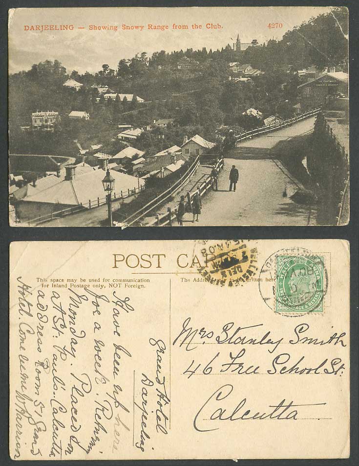 India KE7 1/2a on 1908 Old Postcard Darjeeling Snowy Range from The Club, Street