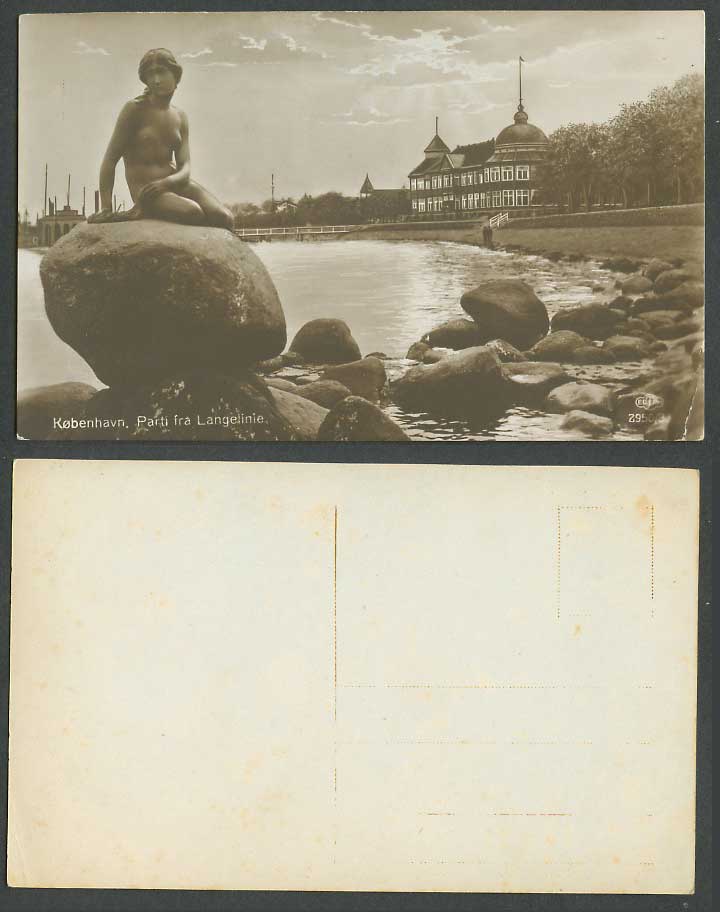 Denmark Copenhagen, Mermaid Statue, Parti fra Langelinie Old Real Photo Postcard