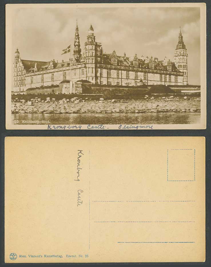 Denmark Old Real Photo Postcard Kronborg Slot Helsingor, Castle Flag River Scene