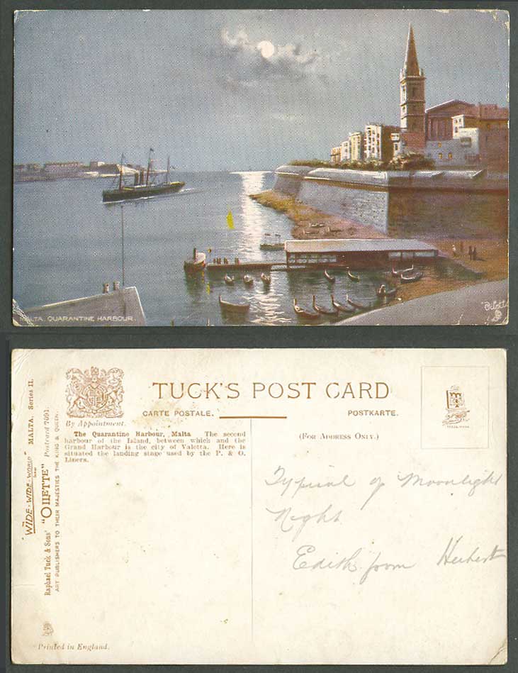 Malta Old Tuck's Oilette Postcard Quarantine Harbour, Night Moonlight Ship Boats