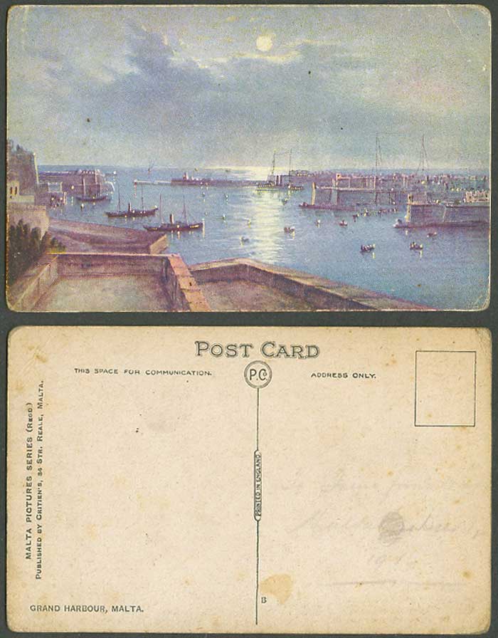 Malta Old ART Postcard Grand Harbour by Night, Full Moon, Moonlight, Boats Ships
