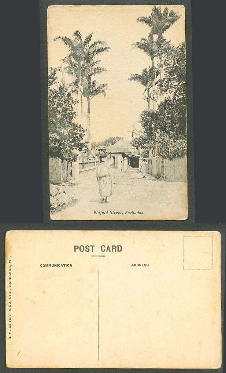 Barbados Old Postcard Pinfold Street Scene Palm Trees Native with Basket on Head