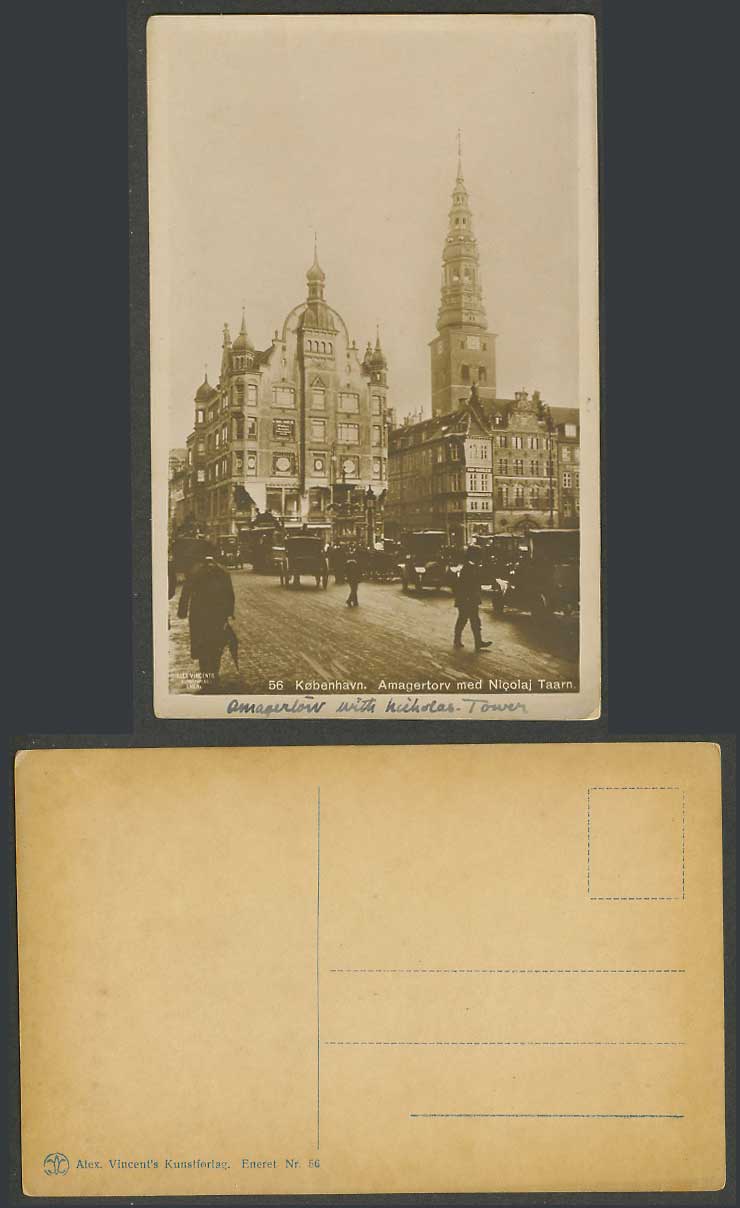 Denmark Copenhagen Old Postcard Amagertorv med Nicolaj Taarn, Street Scene, Cars