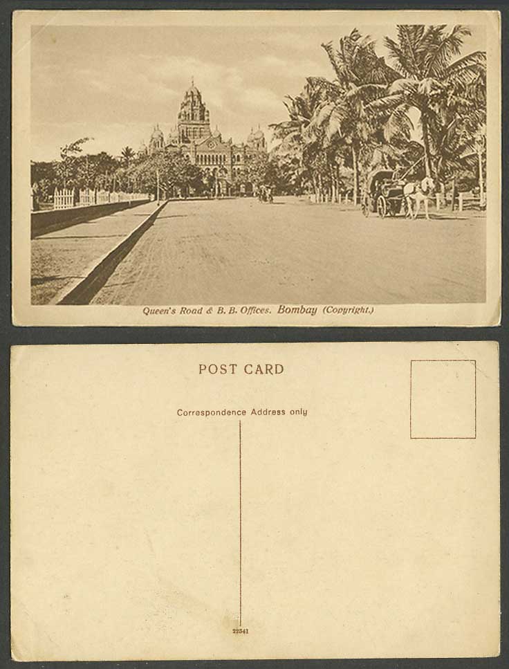 India Old Postcard Queen's Road and B.B. Offices Bombay, Street Scene Horse Cart