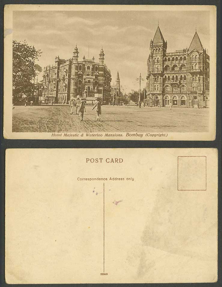 India Old Postcard Hotel Majestic & Waterloo Mansions, Bombay, TRAM Street Scene