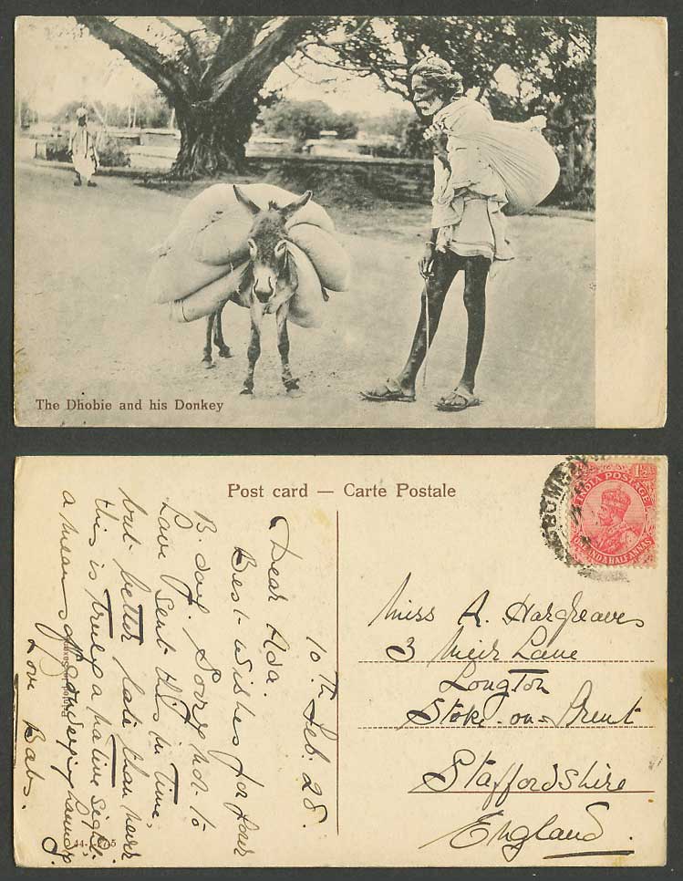 India KG5 1 1/2as 1928 Old Postcard Dhobie & His Donkey Native Washerman, Street