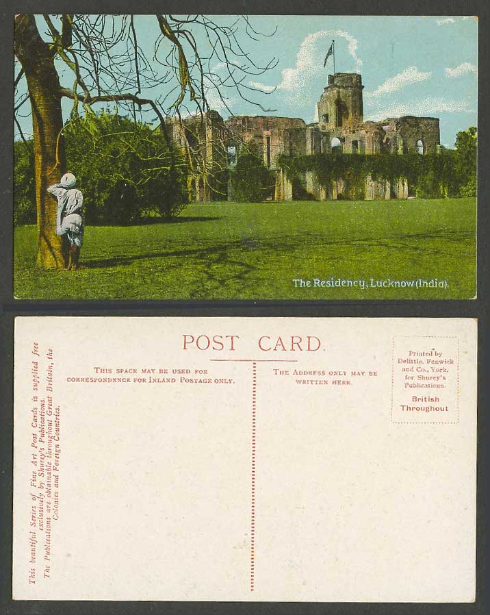 India Old Colour Postcard The Presidency Lucknow, Ruins, Man by a Tree, Shurey's