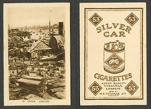 China Old Silver Car Cigarette Card, Canton River Harbour Sampans Paddle Steamer