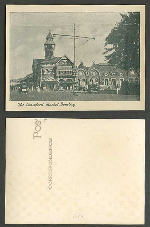 India Indian Old Small Card, The Crawford Market Bombay Street Scene Clock Tower