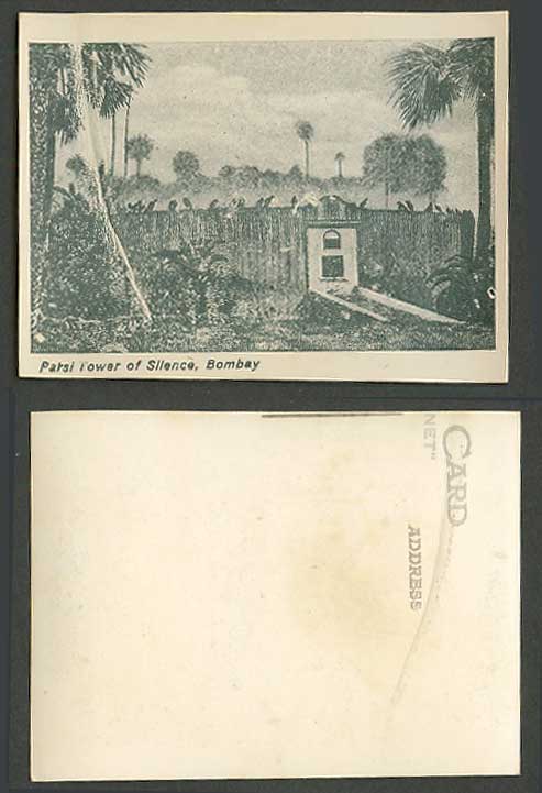 India Indian Old Small Card Parsee Parsi Tower of Silence Bombay Birds Palm Tree