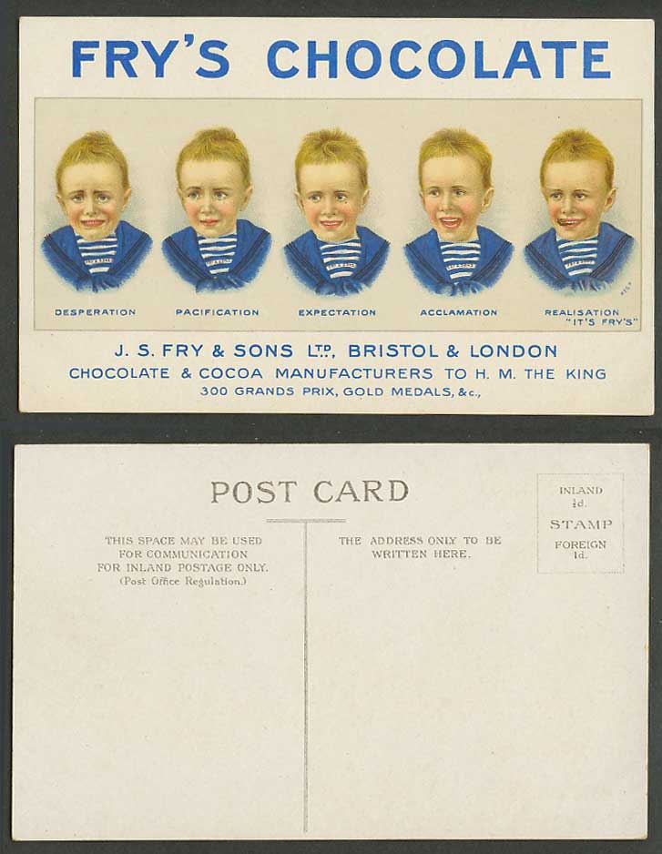 Fry's Chocolate & Cocoa 5 Boys Desperation Pacification Expectation Old Postcard