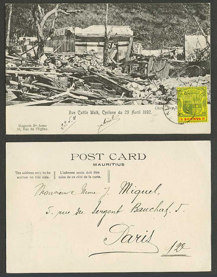 Mauritius 3c 1911 Old Postcard Rue Cattle Walk Cyclone 29 April 1892 Street Ruin