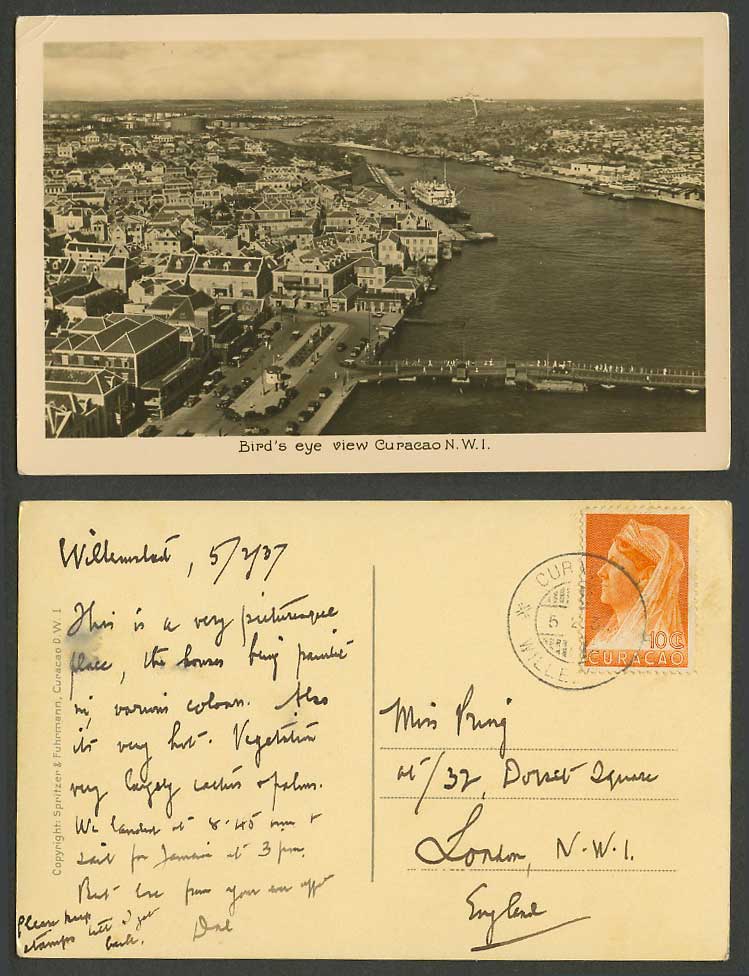 Curacao 1937 Old Real Photo Postcard Bird's Eye View N.W.I. Streets, Bridge Cars