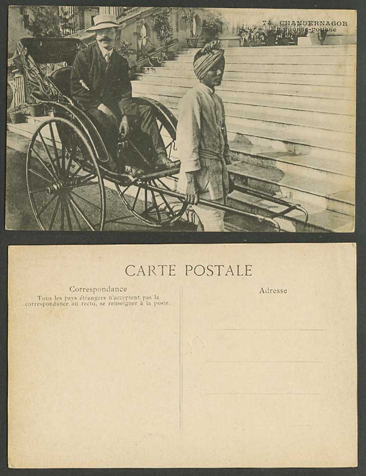 India Old Postcard Chandernagor Pousse-Pousse Native Coolie Rickshaw Western Man