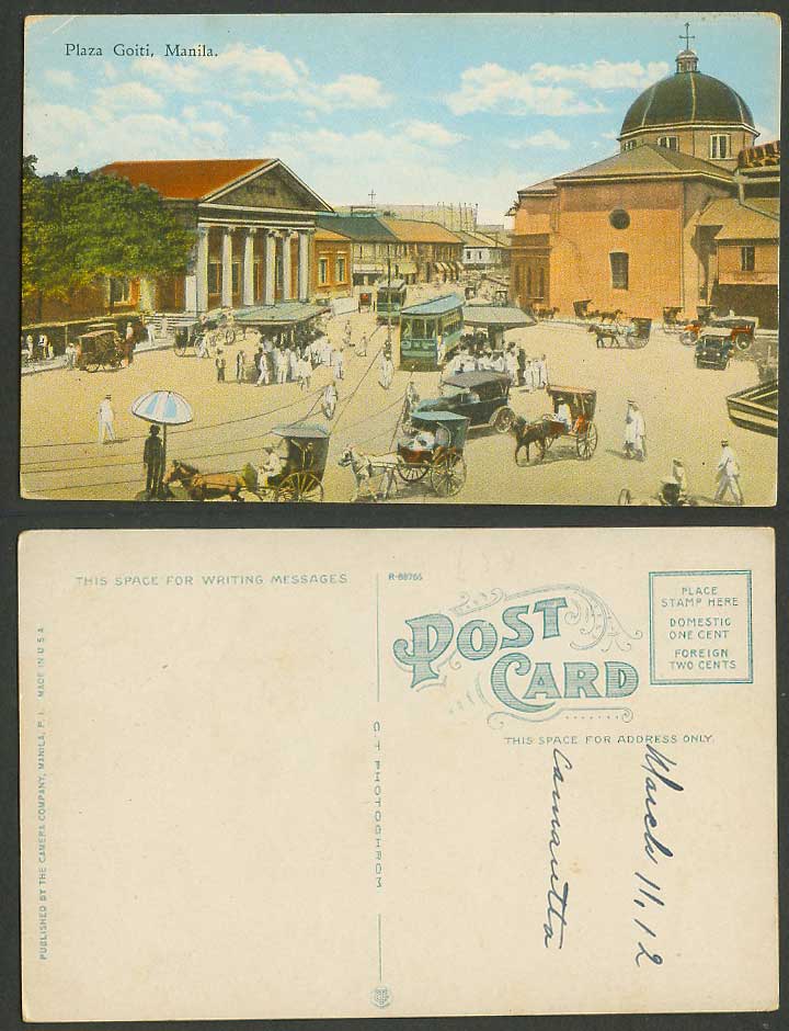 Philippines 1912 Old Postcard Manila, Plaza Goiti, Street Scene TRAM Horse Carts