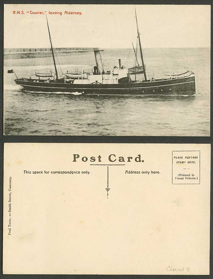 R.M.S. Courier leaving Alderney Royal Mail Steamer Steam Ship Boats Old Postcard