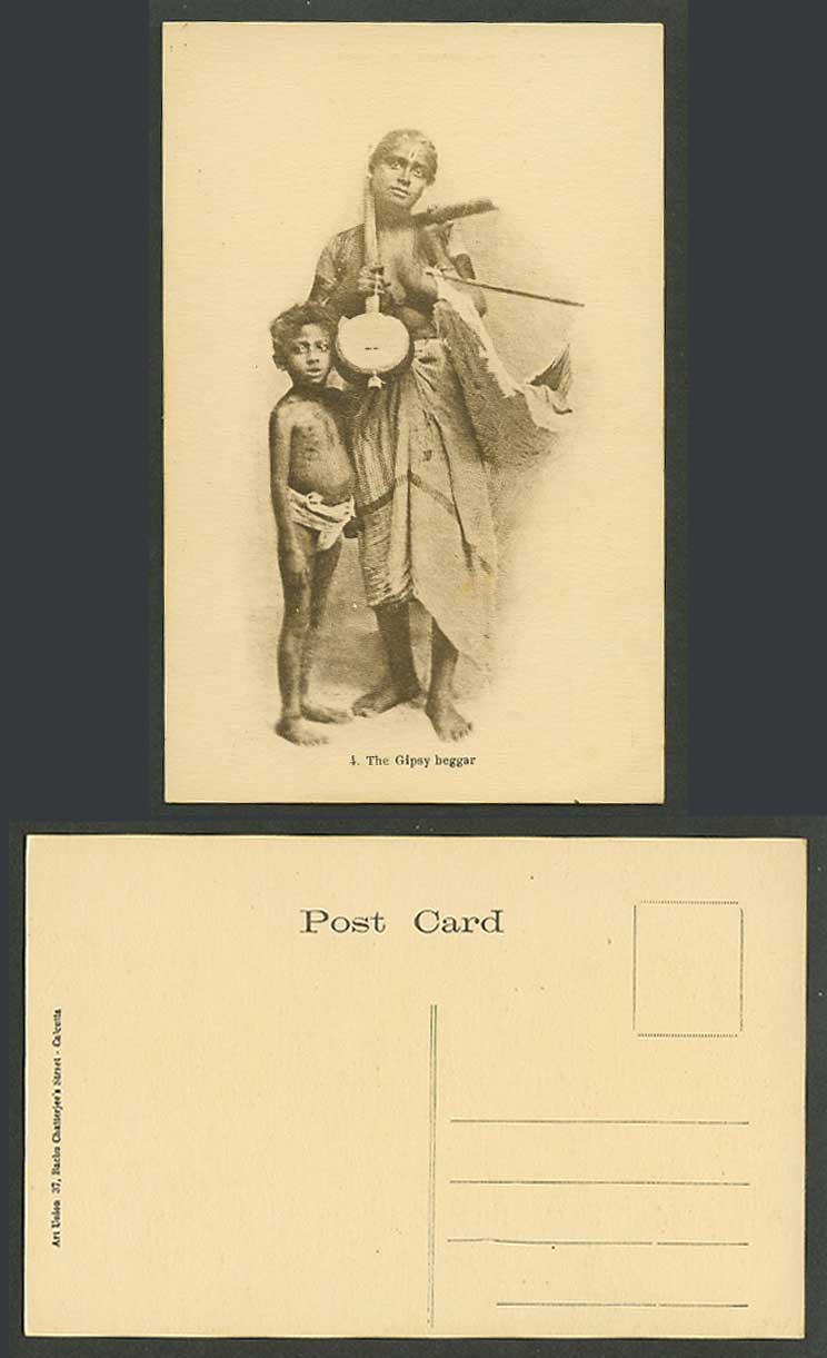 India Old Postcard The Gypsy Beggar Gypsy Woman and Boy Sitar Musical Instrument