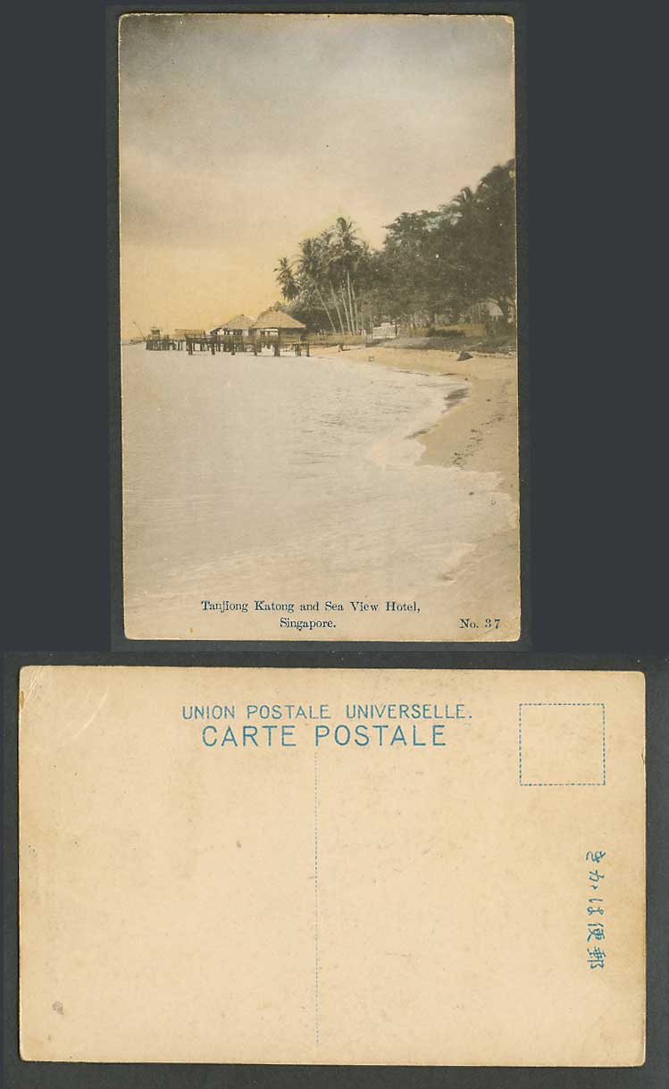 Singapore Old Hand Tinted Postcard Tanjong Katong Sea View Hotel Beach Palm Tree