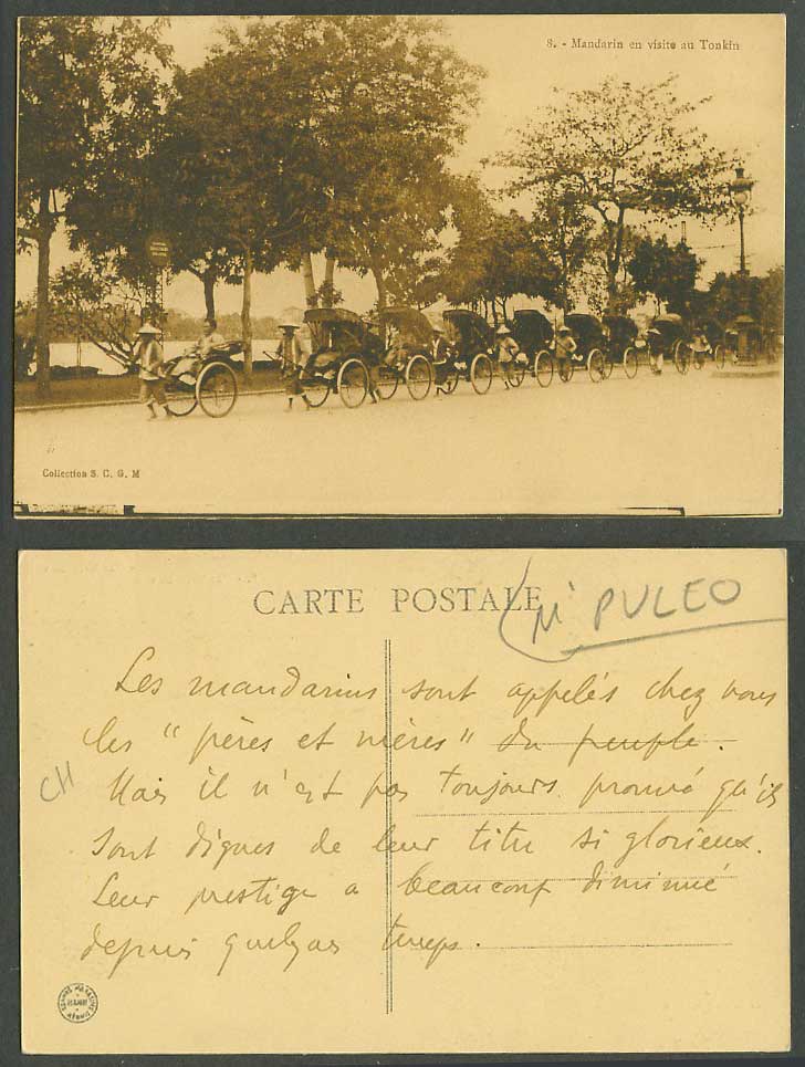 Indo-China Old Postcard Chinese Mandarin Visiting Tonkin Rickshaw Coolies Street