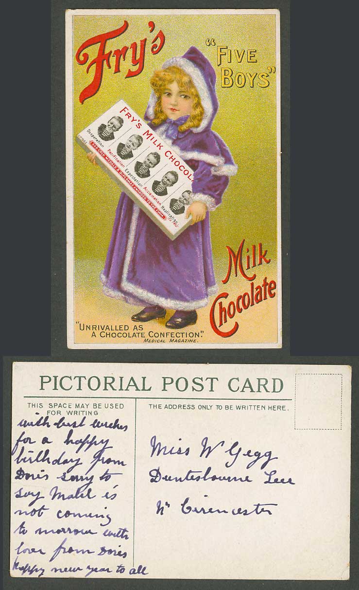 Fry's Milk Chocolate 5 Boys, Unrivalled Confection Medical Magazine Old Postcard