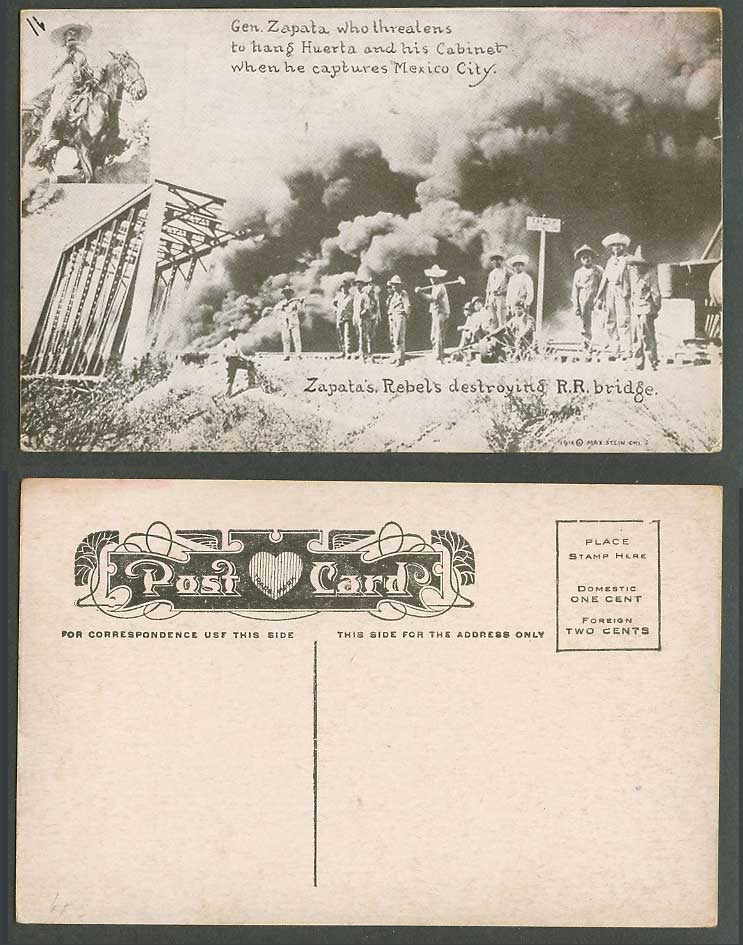 Mexico Mexican Revolution Old Postcard Zapata's Rebels Destroy R.R. Bridge Horse
