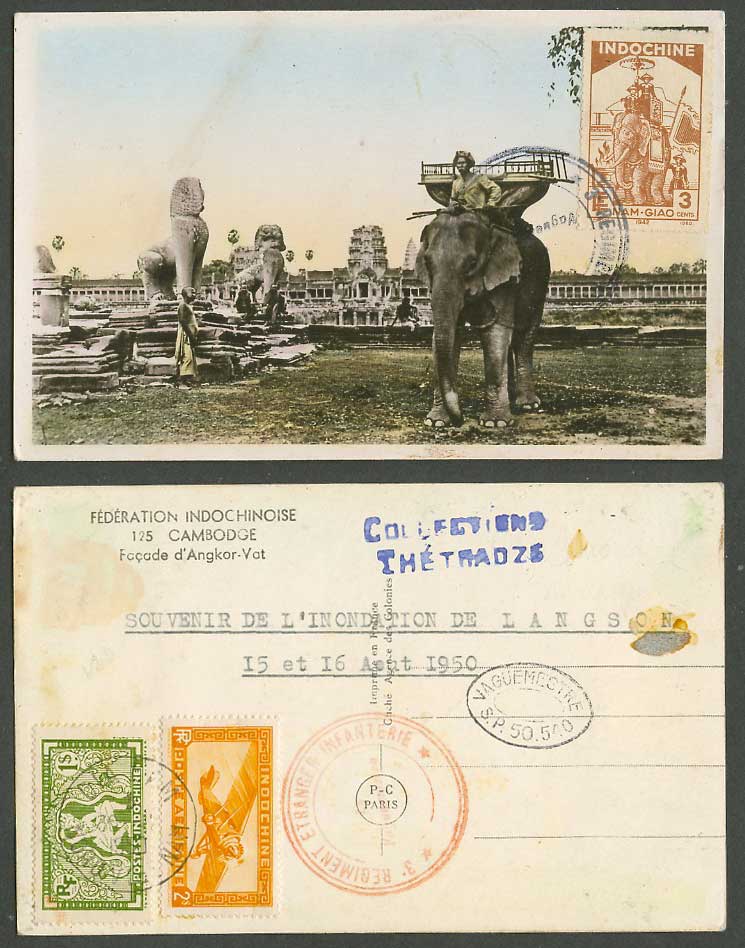 Cambodia Nam-Giao 3c 1$ 1950 Old Postcard Angkor-Vat Temple Front Elephant Rider