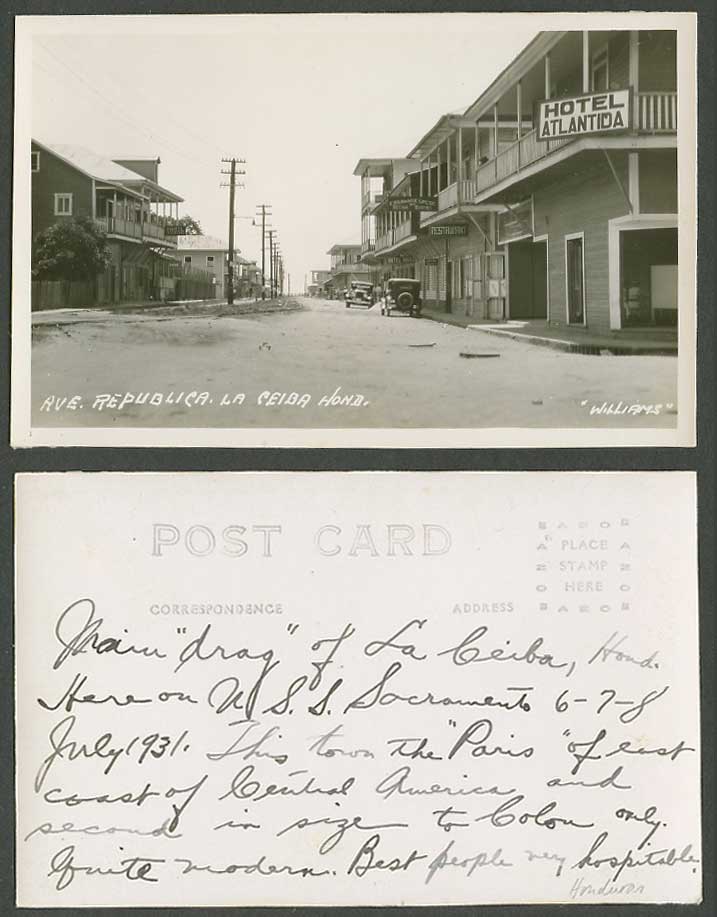 Honduras Old RP Postcard La Ceiba Avenida Republica Street Hotel Atlantida Arias