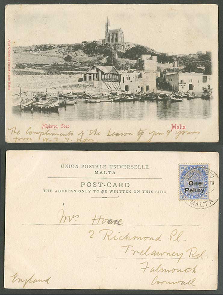 Malta QV 1d on 2d One Penny Old UB Postcard Migiarro Goro Church Harbour DGHAISA