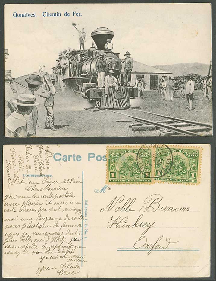 Haiti 1c x 2 1908 Old Postcard Gonaives, Chemin de Fer, Locomotive Train Station