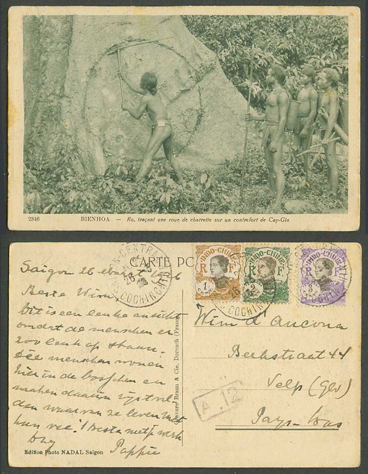 Indochina 1 2 3c 1928 Old Postcard BIENHOA Native Hunters Making Picture CAY-GIA